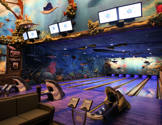 Fish-themed bowling alley at Bass Pro Shop.